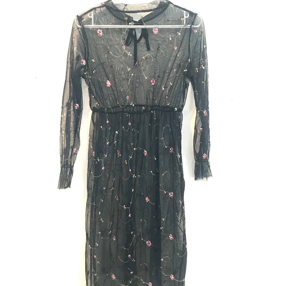 Sheer dress women S black needlepoint floral dark cottage core dark fairy